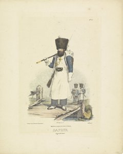 Sappeur con gran uniforme, 1820-1825 infantería holandesa. Sapeur en traje grande (título sobre objeto) Trajes militares del Reino de los Países Bajos. Dedicado a Su Excelencia Willem van Bylandt (título de la serie en el objeto)