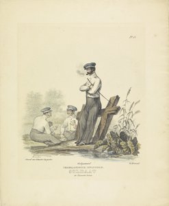 Soldado con uniforme de cuartel, 1820-1825 infantería holandesa. Soldado con traje de Kaserne (título sobre el objeto) Trajes militares del Reino de los Países Bajos. Dedicado a Su Excelencia Willem van Bylandt (título de la serie en el objeto)