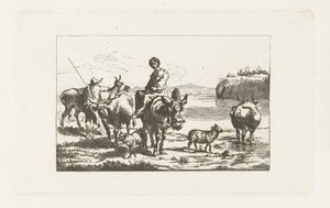Paisaje con pastora en mula y pastor con vacas
