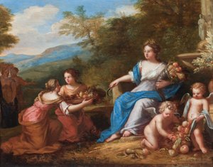 Ceres sentada con putti presentando fruta. (óleo sobre lienzo) de A. Diennen