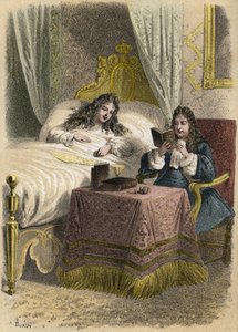 Luis XIV Rey de Francia gustaba de escuchar a Jean Racine leer y lo traía cuando estaba enfermo. Grabado por A. Duruy en “Illustrations litteraires de la France; or, Galerie anecdotique de nos principaux auteurs ints par leurs actions et leurs inscriptions de A. Duruy