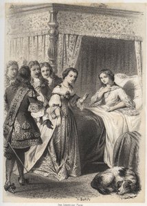 Madame Deshoulières, Antoinette Ligier de La Garde (1637-1694) abrumada con preguntas por su entorno después de una noche pasada con el miedo al fantasma. Grabado por A. Duruy en "Ilustraciones literarias de Francia; o, Galería anecdótica de nuestros pr