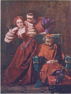 Silvia y Valentine (Los dos caballeros de Verona) "Este amor de ellos mismos lo he visto a menudo, tal vez, cuando me han juzgado profundamente dormido", de Las Obras Completas de William Shakespeare publicada por J Coker & Co Ltd (litografía en color) de A. E. Elmore