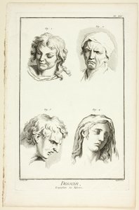 Dibujo: Expresiones de la emoción (risa, llanto, compasión, tristeza), de Encyclopédie