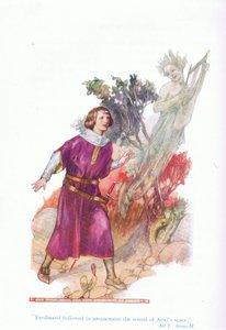 Ferdinand siguió asombrado el sonido de la voz de Ariel (La tempestad), de Cuentos de Shakespeare pub. por Ward Lock & Co Ltd de A. Jackson