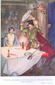 Pettruchio, fingiendo encontrar fallos en cada plato, arrojó la carne al suelo (La fierecilla domada), de Cuentos de Shakespeare pub. por Ward Lock & Co Ltd