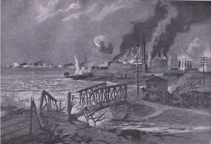 Destrucción de un astillero en Bari (Italia) por destructores de torpedos austrohúngaros, de La Historia Ilustrada de la Primera Guerra Mundial 1914-1915 publicada por Union Berlagsefellfchaft de A. Kircher