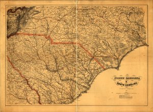 633,600. LC Civil War Maps (2ª ed.), 305a.4 Mapa general. Las autoridades utilizadas en la elaboración del mapa se enumeran debajo del título. Los nombres de los estados, las fronteras y los ferrocarriles están sobreimpresos en rojo. Descripción derivada d