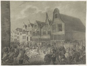 Fallo del encofrado a lo largo del Kortendijk en Gorinchem, 1809
Cuatro láminas de la inundación de 1809 dedicadas al rey Luis Napoleón (título de la serie) de A. Lutz