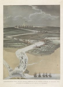 Expedición británica a Amberes, 1809 Plano pintoresco de la gran Expedición, en el Escalda Occidental, en agosto de 1809. mostrando la dificultad de acercarse a Amberes (título sobre el objeto)