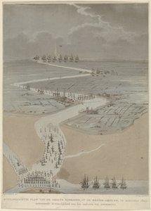 Vista de pájaro del Escalda occidental con flotas inglesa, holandesa y francesa, 1809 Plano pintoresco de la gran expedición, en el Escalda occidental en agosto de 1809 (título sobre objeto)