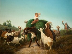 Niño italiano con burro y heno