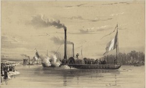 Gente en la orilla despidiendo un barco de vapor de A Provost