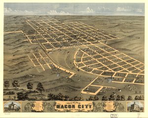 Vista aérea de la ciudad de Macon, condado de Macon, Misuri 1869. LOC 73693483