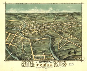 Vista aérea de la ciudad de París, condado de Bourbon, Kentucky 1870. LOC 73693417