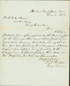Carta firmada A.S. Norton, Comandante Mayor, Cuartel General, Campamento Yates, Ill., al Primer Teniente W.M. Breese, 16º de Infantería de EE. UU., Campamento Gates, Ill., 6 de diciembre de 1863 de A. S. Norton