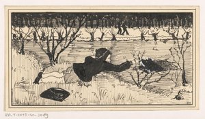 Una niña intenta rescatar a su perro de un wakak de A. Tinbergen (signed by artist)