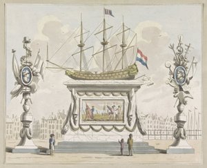 Comercio y navegación, decoración en el Nieuwmarkt, 1795 Diez platos de las decoraciones en Alliantiefeest en Amsterdam en 1795 (título de la serie) de A. Verkerk