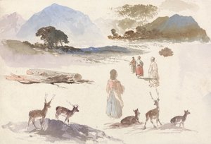 Lámina de Estudios de ciervos, figuras y paisaje