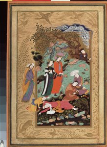 Arte persa: escena de fiesta de la nobleza, uno de los invitados yace borracho e inconsciente. Miniatura en gouache y oro de Riza Abbasi (Aqa Reza Reza-e 