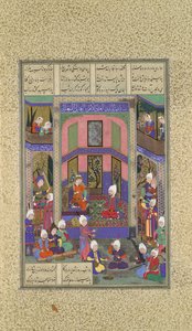 Manuchihr da la bienvenida a Sam pero ordena la guerra contra Mihrab, Folio 80v del Shahnama..., c. 1525 de 