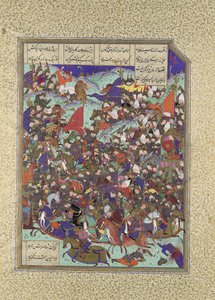 Kai Khusrau Derrota al Ejército de Makran, Folio 376v del Shahnama Libro de los Reyes, ca. 1525-30
