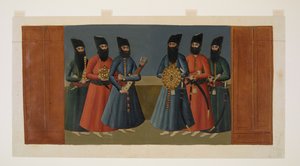 Añadir Or. 1242 Los "ghulams" que llevan el escudo del Sha, el carcaj y otra parafernalia real, detalle de la "Copia reducida del mural del Palacio de Nigaristán