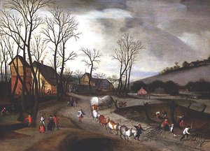 Paisaje invernal con campesinos podando