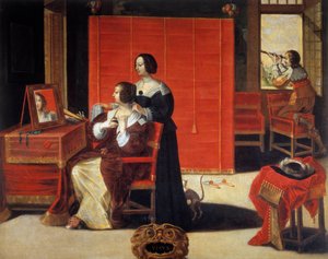Los cinco sentidos: La vista. Una joven frente a su espejo mientras un hombre usa un anteojo astronómico. Pintura de Abraham Bosse (1602-1676). Siglo XVII. Tours, Museo de Bellas Artes