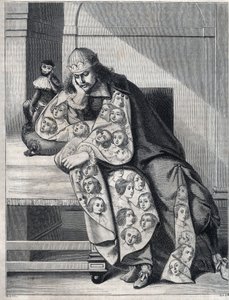 El hombre lleno de malicia: un hombre con un abrigo doble de cabezas de mujeres medita con un mono a su lado. Reproducción de una estampa de Abraham Bosse (1604-1676) de Abraham (after) Bosse