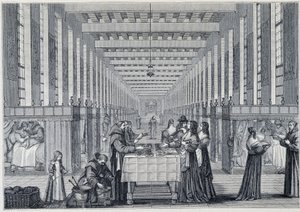 Vista interior de la enfermería del Hospital de la Caridad (también llamado el hospital de los Hermanos de San Juan de Dios), en París - Grabado según Abraham Bosse (1602-1676) - publicado en el siglo XVII - Instituciones: usos y costumbres, Francia 1590-1