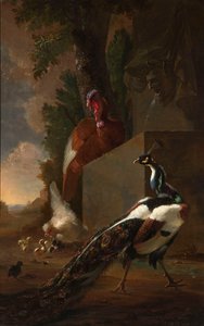 Un pavo real, pavo y gallina con sus polluelos junto a una fuente clásica en un paisaje de Abraham Bisschop