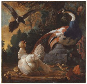Un pavo real, aves de corral y una urraca en un paisaje, 1720