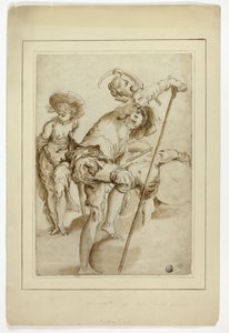 Un soldado de pie, una mujer de pie y un tamborilero encorvado. de Abraham Bloemaert