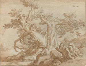 Paisaje con figura sentada y perro de Abraham Bloemaert