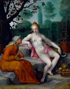 Vertumnus y Pomona (el dios de las estaciones se disfraza de anciana para entrar en el huerto de la ninfa) - Pintura de Abraham Bloemaert (1566-1651), óleo sobre cobre, hacia 1605 - (Vertumnus y Pomona, de Abraham Bloemaert, óleo sobre cobre, c1605) de Abraham Bloemaert