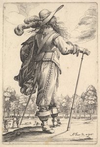 Un caballero, visto desde atrás, caminando hacia la derecha con un bastón y llevando un sombrero con plumas, 1629 de Abraham Bosse