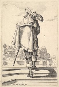 Un caballero, visto desde atrás, subiendo un parapeto, con una capa sobre su hombro izquierdo..., 1629 de Abraham Bosse