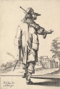Un caballero, visto desde atrás, con su brazo derecho extendido y una capa sobre su hombro izquierdo, 1629 de Abraham Bosse