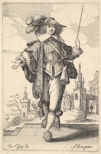 Un caballero caminando hacia adelante, con su brazo derecho extendido y un látigo en su mano izquierda, 1629 de Abraham Bosse