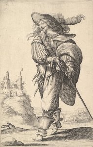 Un caballero, caminando hacia la izquierda y sacando su espada de la vaina, con un sombrero de plumas, 1629 de Abraham Bosse