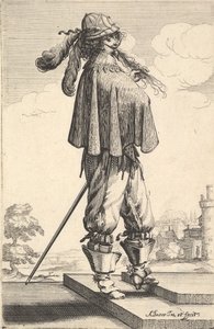 Un caballero con un abrigo corto, un casco y botas con espuelas, de pie en los escalones de Abraham Bosse