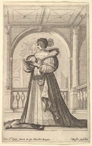Una mujer de pie, de perfil hacia la izquierda, con sombrero y cuello de encaje, leyendo..., ca. 1629 de Abraham Bosse