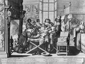 Serie de grabados (aguafuerte) titulada "El matrimonio con la ciudad" de 1633 por Abraham Bosse - "Parto": en la cama de trabajo