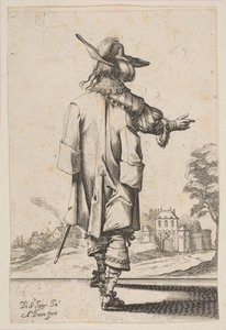 Caballero visto desde atrás señalando hacia un castillo, 1629 de Abraham Bosse