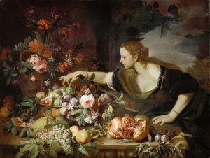 Mujer con flores y frutas. 1669
