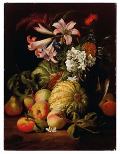 Lirios y otras flores en un jarrón de cristal con melocotones y melones de Abraham Brueghel