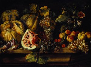 Bodegón de sandía, uvas, ciruelas, duraznos, cerezas y otras frutas en un borde de Abraham Brueghel