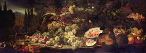 Bodegón de frutas con un loro verde y un jarrón de plata de Abraham Brueghel