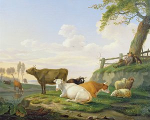 Vacas y pastor de Abraham Bruiningh van Worrell